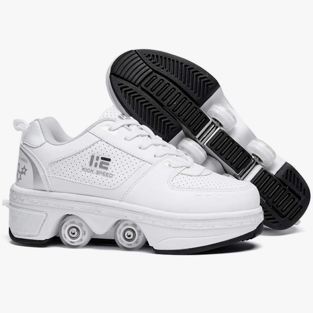 White Shoe, Size 8, is 2-in-1 Roller Skates & Sneakers Unisex Retractable Wheels